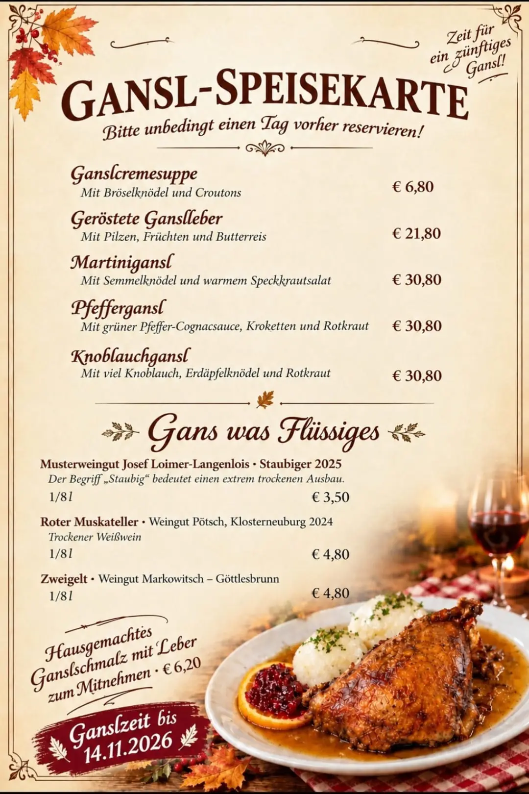 Dürfen wir Sie aufgansln? Martinigansl, Knoblauchgansl und Pfeffergansl beim Selitsch, 16. Oktober bis 14. November 2026 – nur auf Bestellung